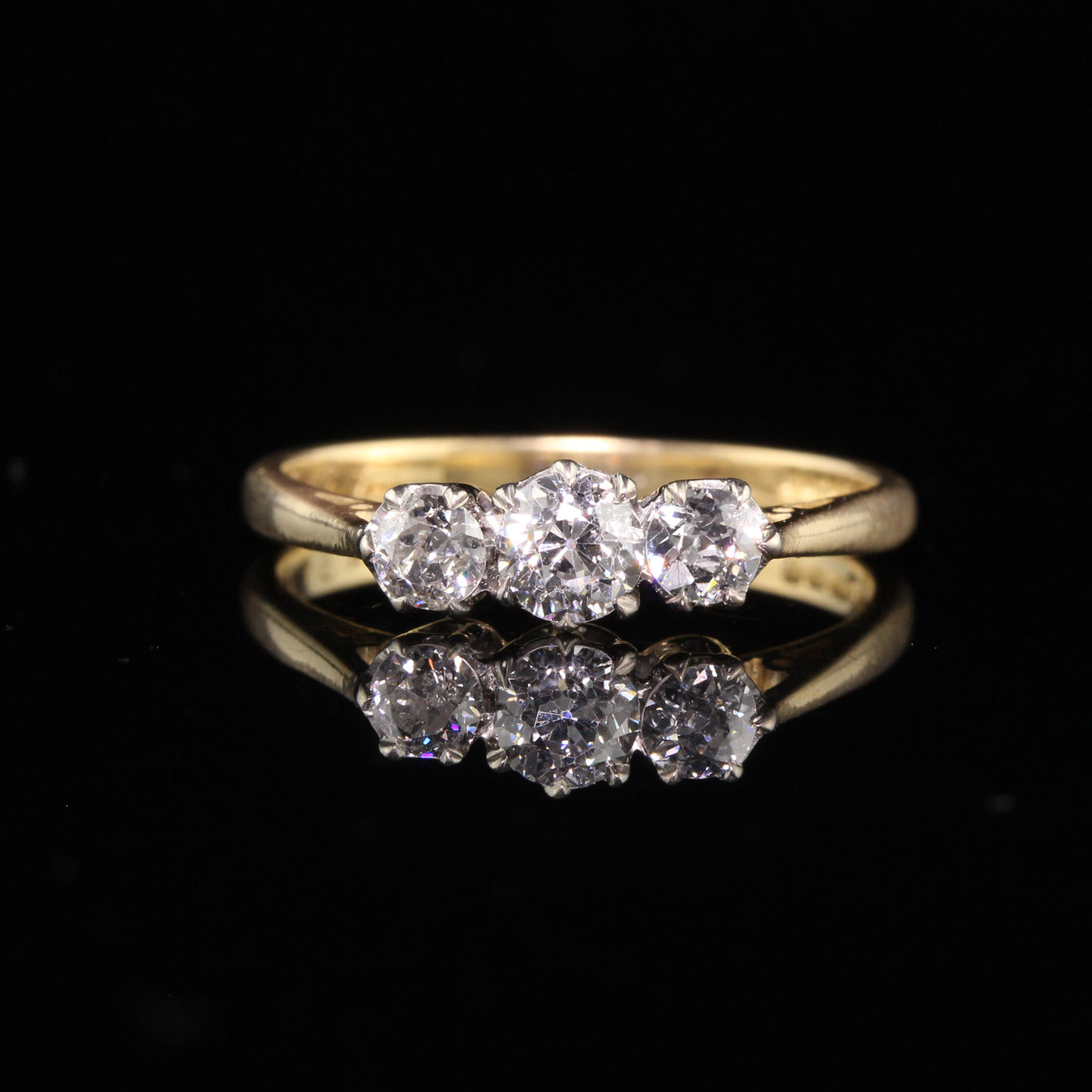 Antique Victorian English 18K Yellow Gold Old European Diamond Three Stone Ring