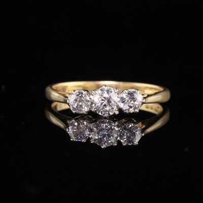 Antique Victorian English 18K Yellow Gold Old European Diamond Three Stone Ring