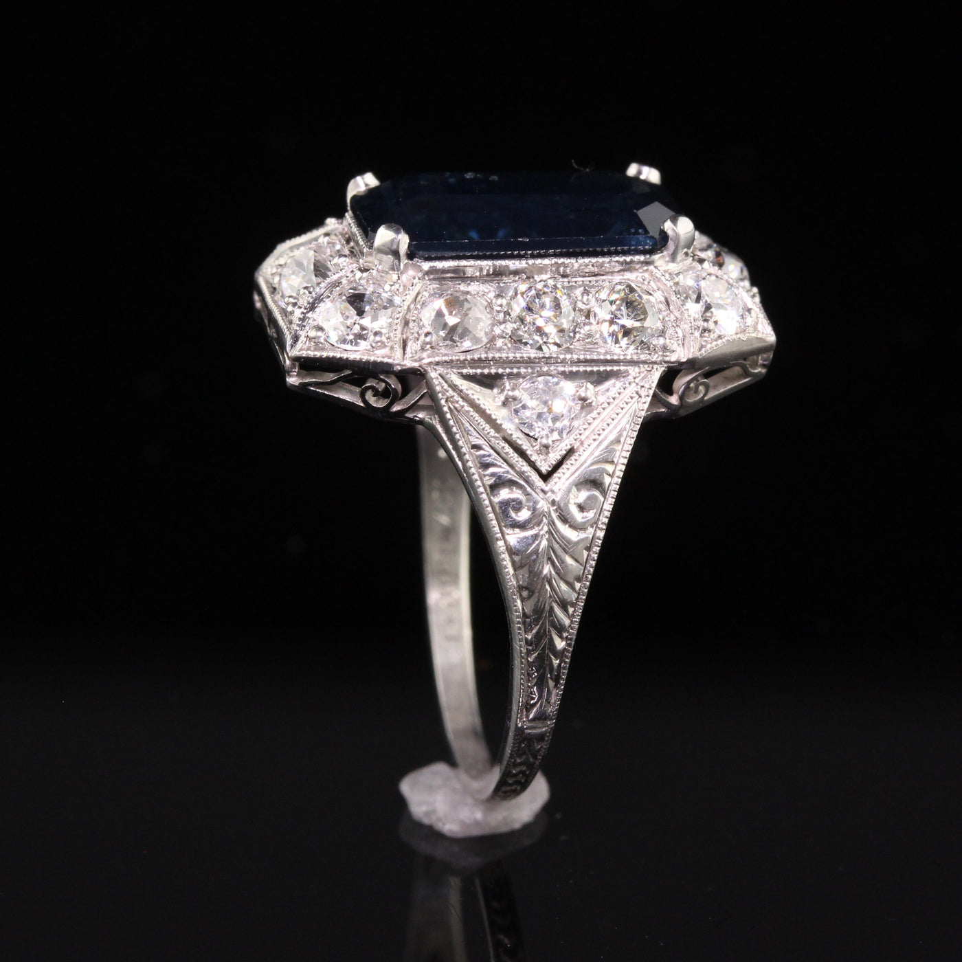 Antique Art Deco Platinum Sapphire and Old European Diamond Cocktail Ring