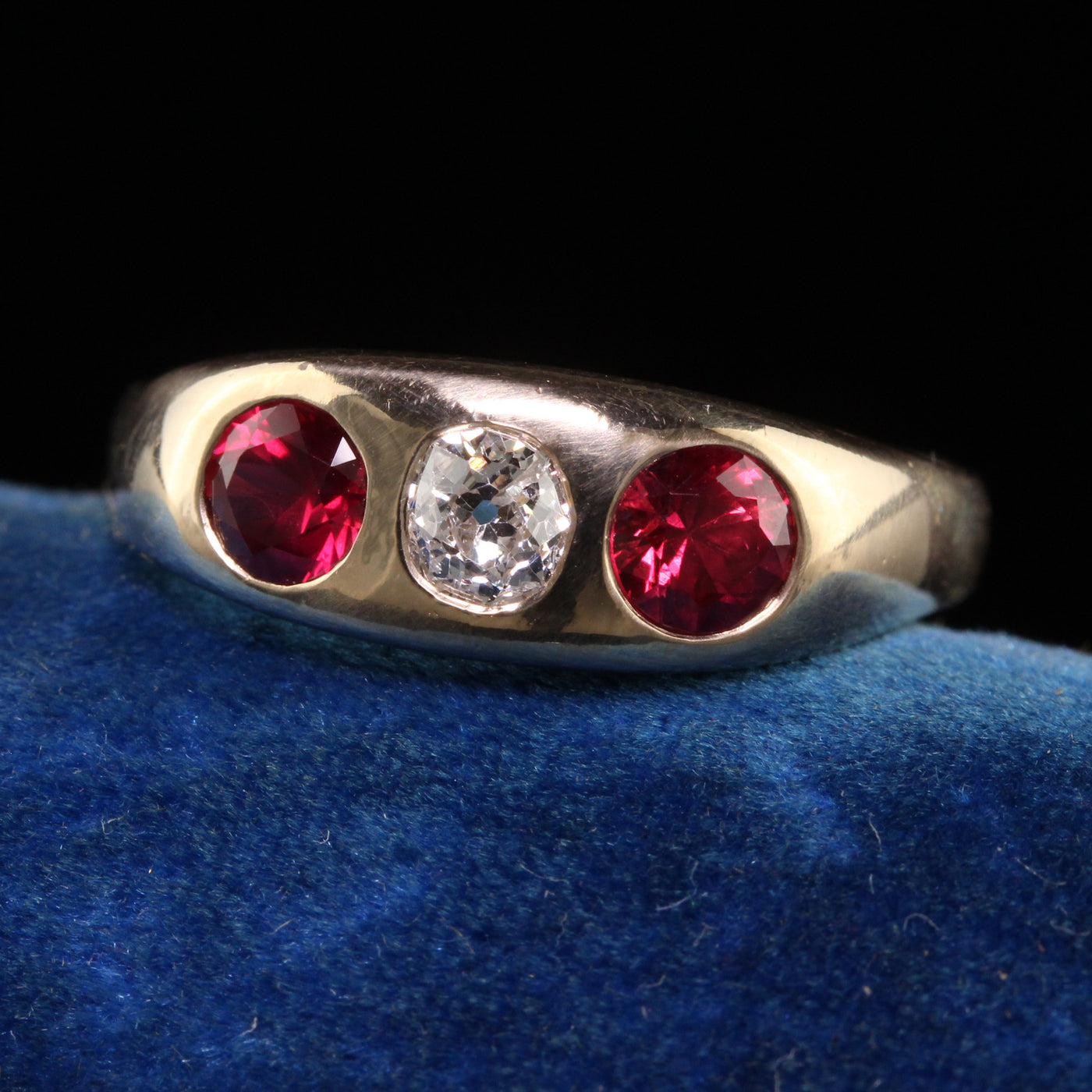 Antique Victorian 14K Yellow Gold Natural Ruby and Old Mine Diamond Gypsy Ring