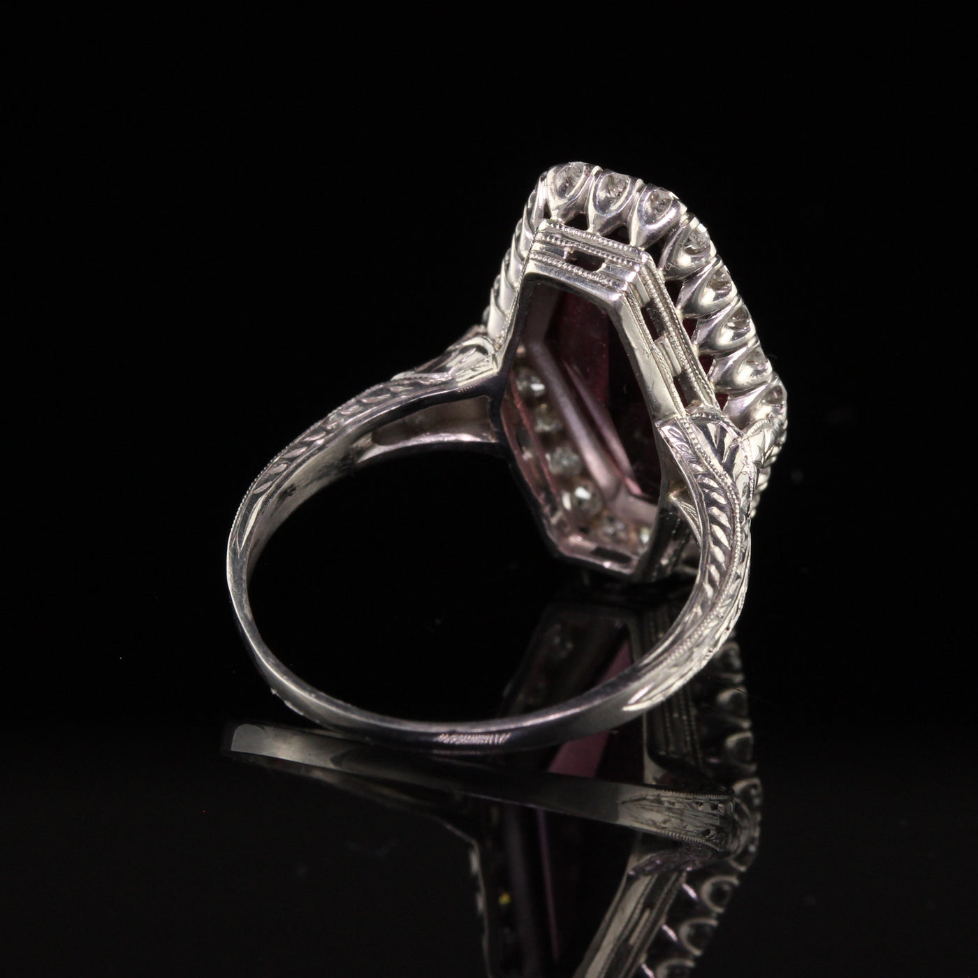 Antique Art Deco Platinum Shield Cut Rhodolite Garnet Diamond Halo Shield Ring