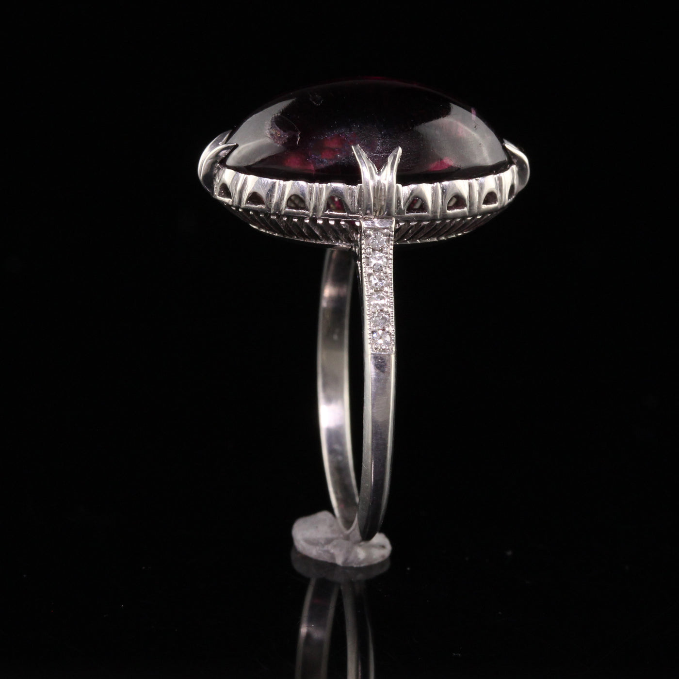 Antique Art Deco Platinum Cabochon Rhodolite Garnet and Diamond Cocktail Ring