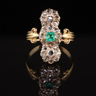 Antique Victorian 18K Yellow Gold Rose Cut Diamond and Emerald Dinner Ring