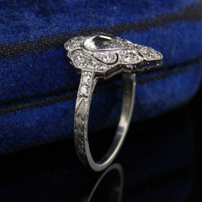 Antique Art Deco Platinum Rose Cut Diamond Engraved Engagement Ring - GIA