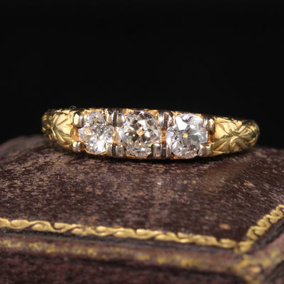 Antique Victorian 18K Yellow Gold Old Mine Diamond Three Stone Wedding Band