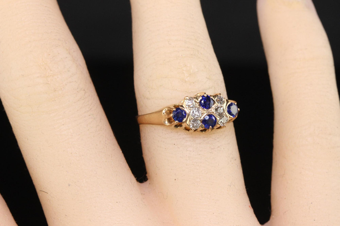 Antique Victorian 14K Yellow Gold Old Mine Diamond and Sapphire Cluster Ring