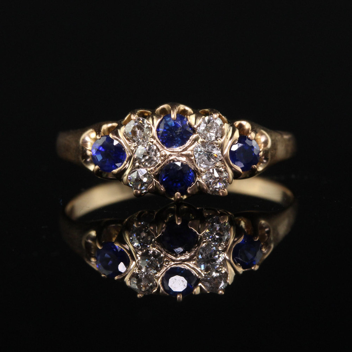 Antique Victorian 14K Yellow Gold Old Mine Diamond and Sapphire Cluster Ring