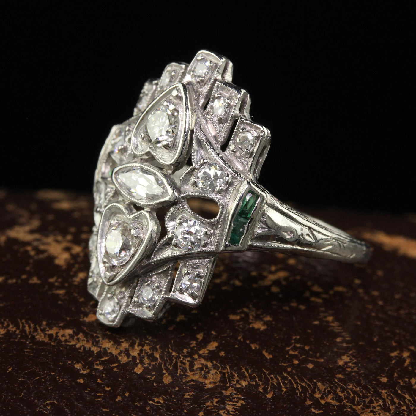 Antique Art Deco Platinum Old Euro Marquise Diamond and Emerald Shield Ring