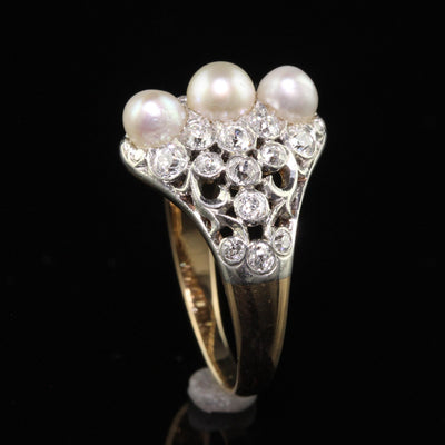 Antique Art Deco Spaulding and Co 18K Gold Platinum Old Euro Diamond Pearl Ring