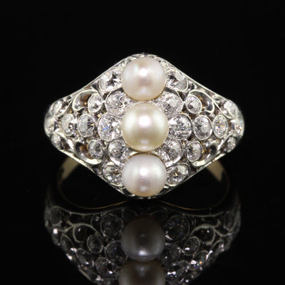 Antique Art Deco Spaulding and Co 18K Gold Platinum Old Euro Diamond Pearl Ring