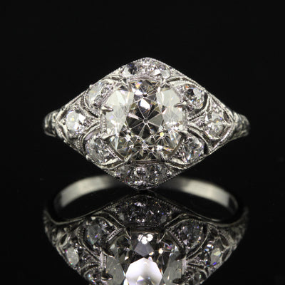 Antique Art Deco Platinum Old Mine Cut Diamond Engagement Ring - GIA