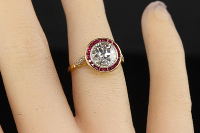 Antique Art Deco French 18K Gold Old Euro Diamond Ruby Engagement Ring - GIA