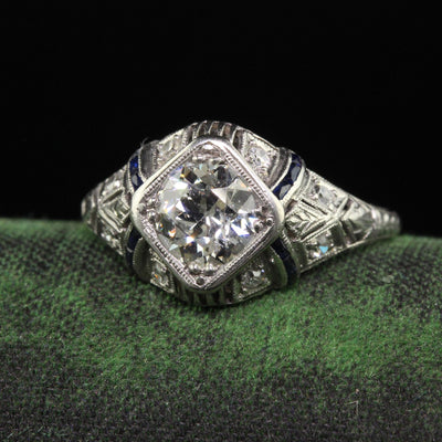 Antique Art Deco Platinum Old Euro Diamond Sapphire Engagement Ring - GIA