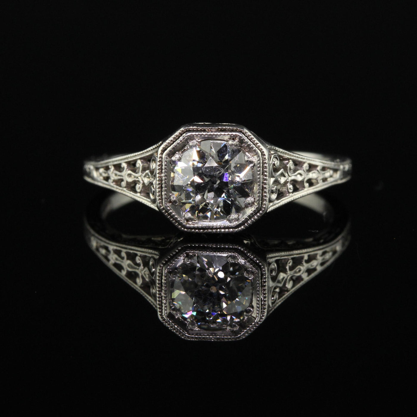 Antique Art Deco Platinum Old Euro Diamond Filigree Engagement Ring - GIA