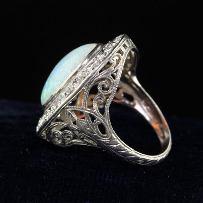 Antique Art Deco Platinum Opal and Old Euro Diamond Halo Cocktail Ring