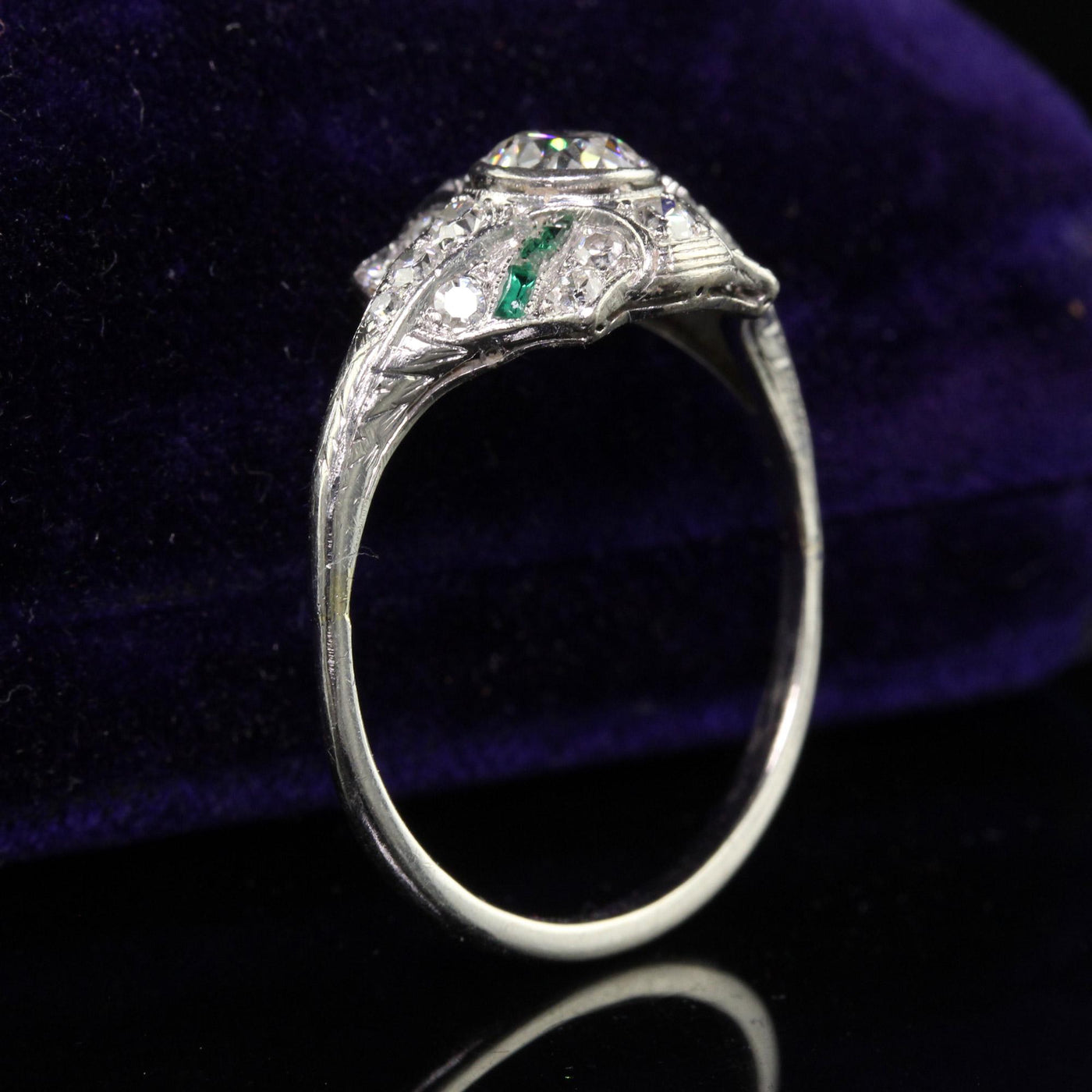 Antique Art Deco Platinum Old European Diamond and Emerald Engagement Ring