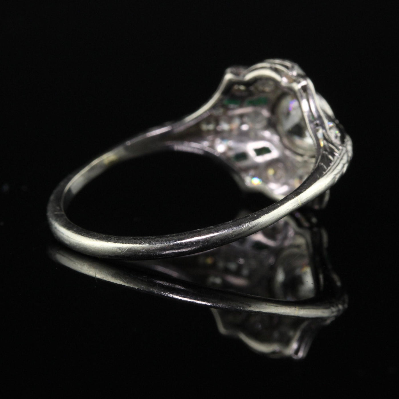 Antique Art Deco Platinum Old European Diamond and Emerald Engagement Ring