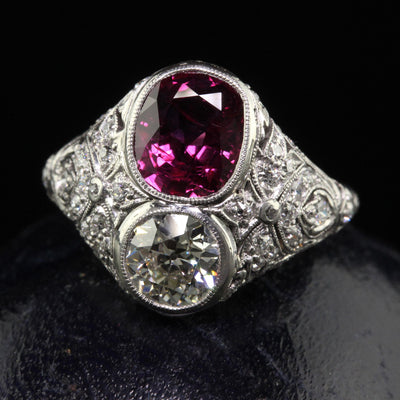 Antique Art Deco Platinum Old Euro Diamond and No Heat Ruby Cocktail Ring - GIA