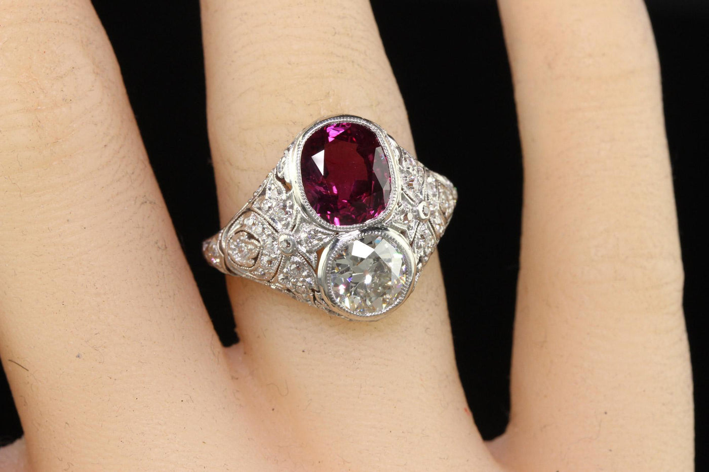 Antique Art Deco Platinum Old Euro Diamond and No Heat Ruby Cocktail Ring - GIA