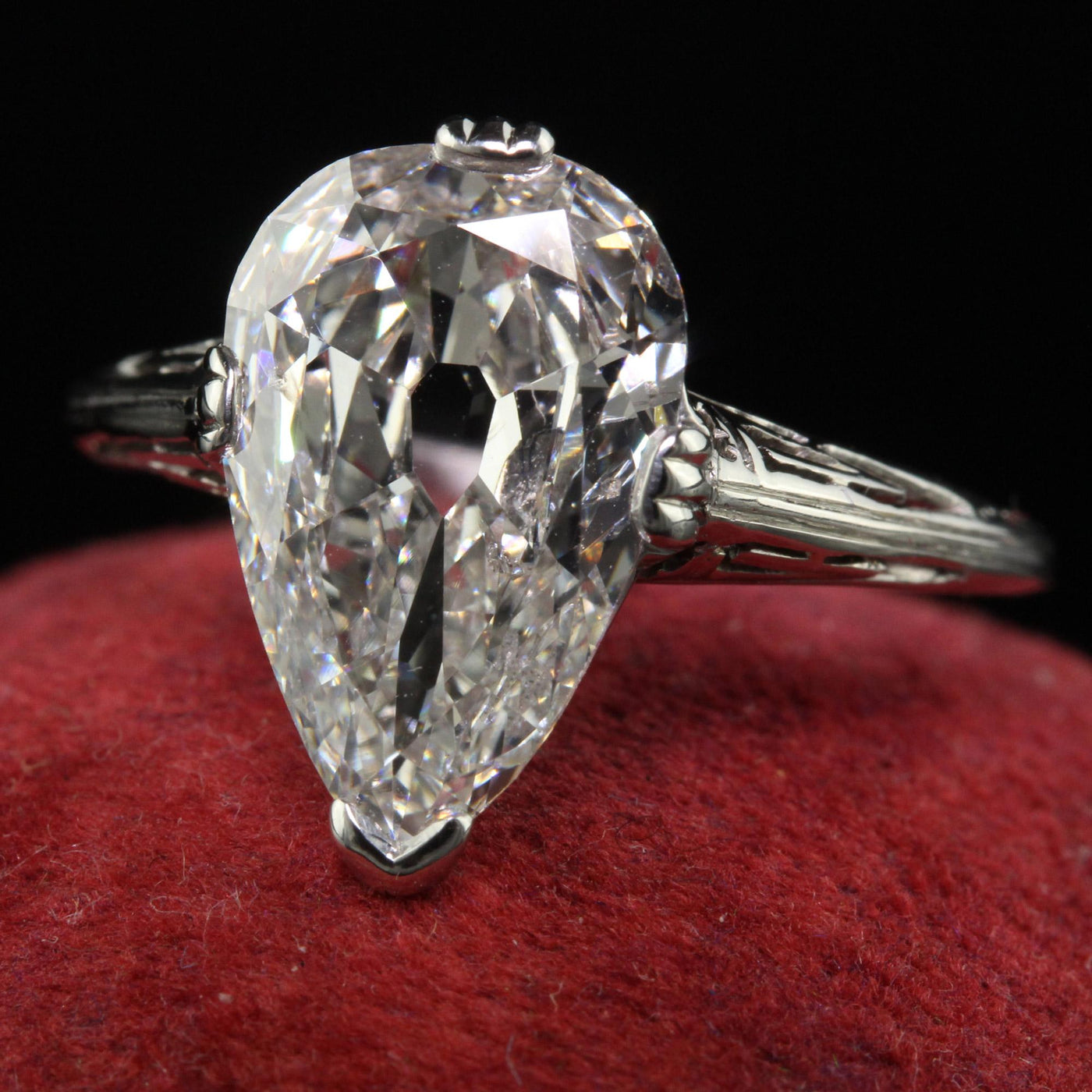 Antique Art Deco Marcus and Co Platinum Old Pear Diamond Engagement Ring - GIA
