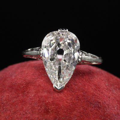Antique Art Deco Marcus and Co Platinum Old Pear Diamond Engagement Ring - GIA