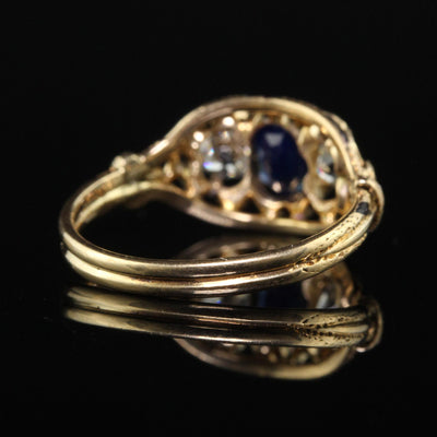 Antique Art Deco 14K Yellow Gold Old Euro Sapphire Three Stone Ring - GIA