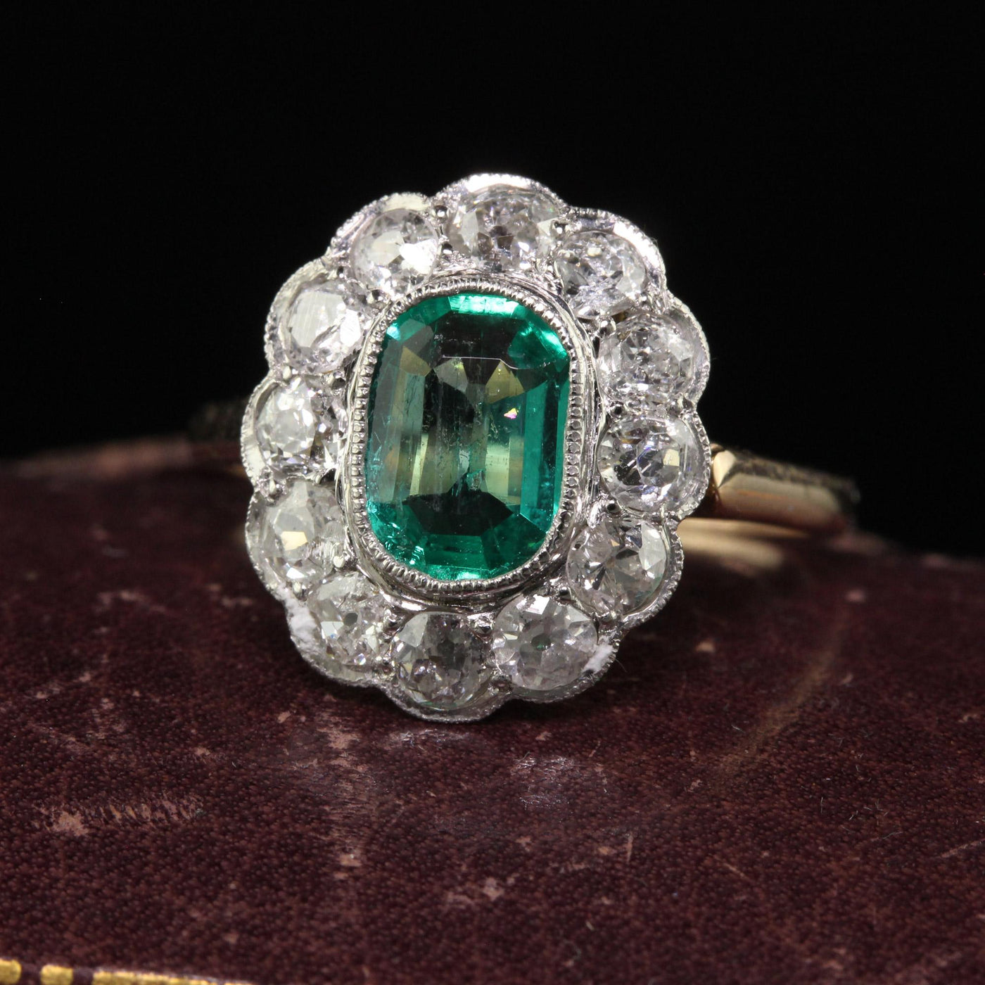 Antique Art Deco 14K Yellow Gold Old Mine Diamond and Emerald Engagement Ring