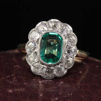 Antique Art Deco 14K Yellow Gold Old Mine Diamond and Emerald Engagement Ring