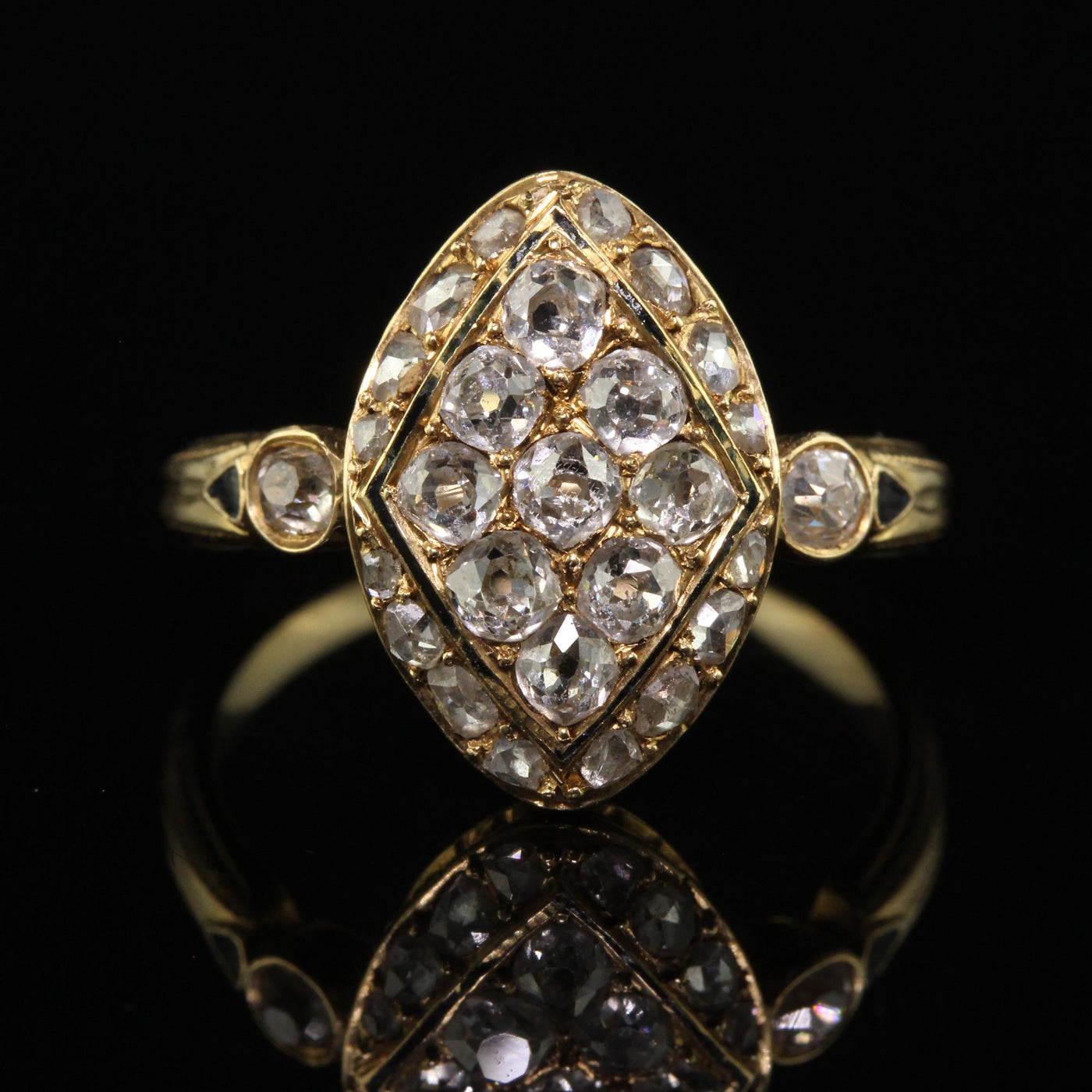 Antique Victorian 18K Yellow Gold French Old Cut Diamond Enamel Navette Ring