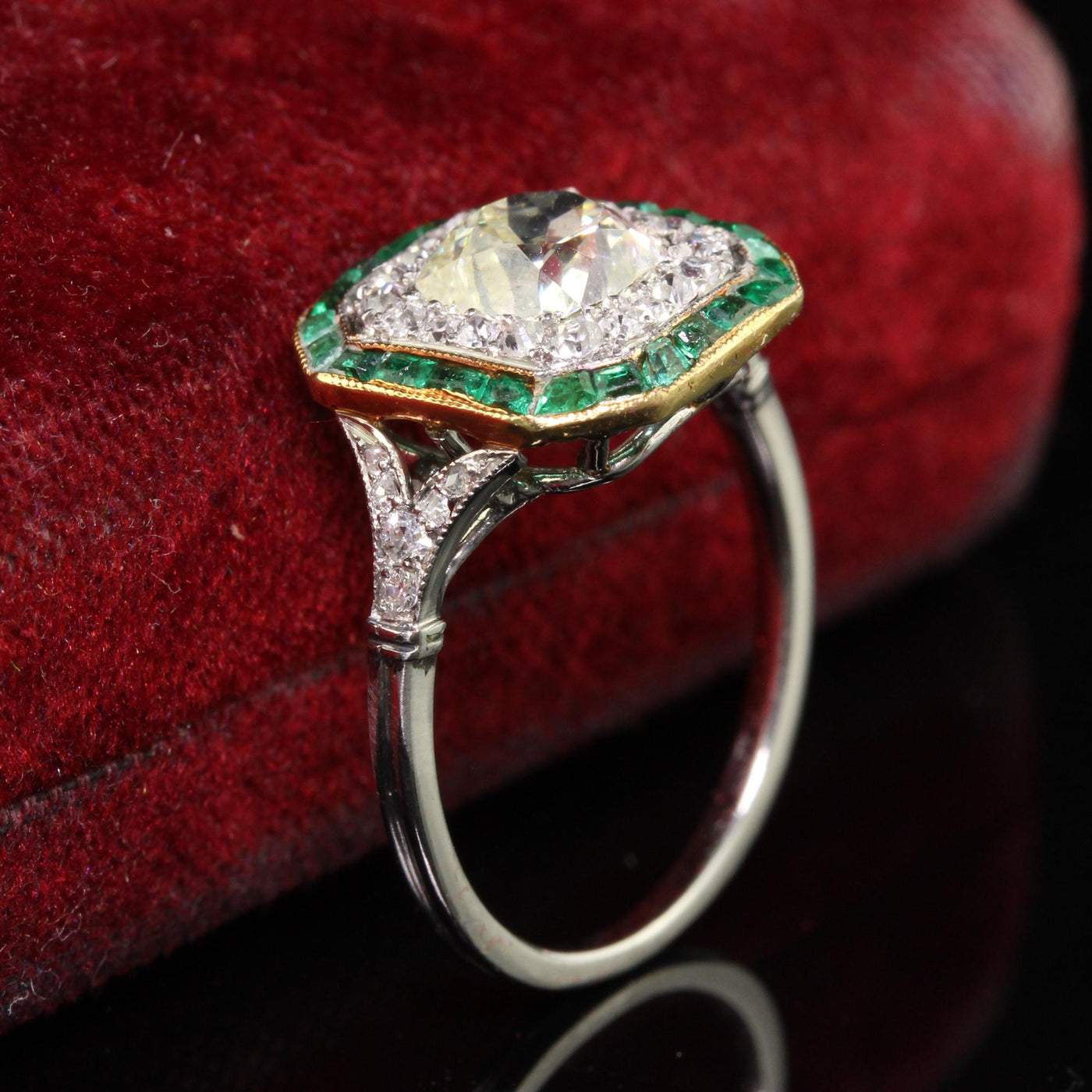 Antique Edwardian Platinum Old Mine Diamond and Emerald Engagement Ring