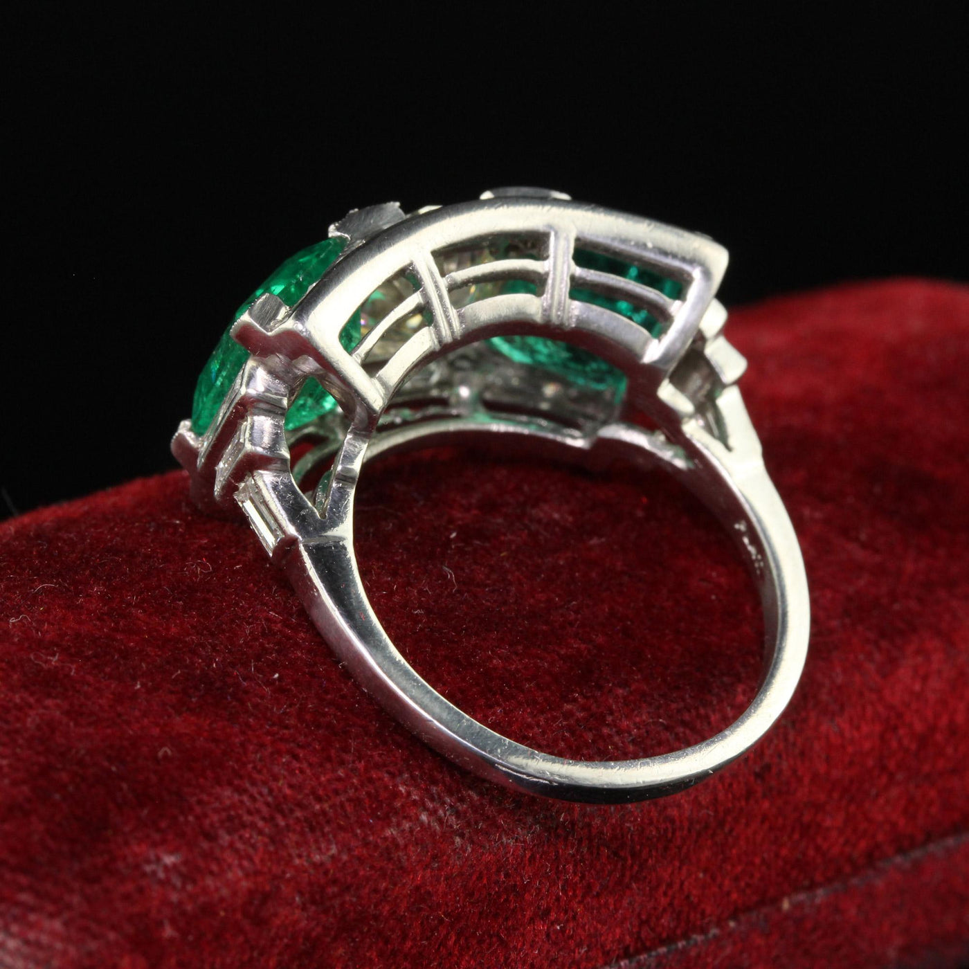 Vintage Retro Platinum Old Cut Diamond and Emerald Three Stone Ring - GIA/AGL