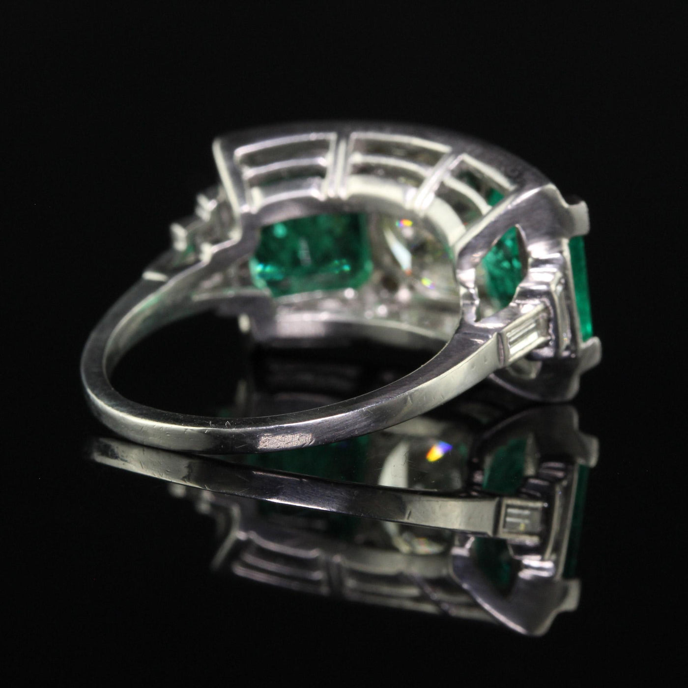 Vintage Retro Platinum Old Cut Diamond and Emerald Three Stone Ring - GIA/AGL
