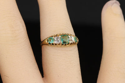 Antique Victorian 14K Yellow Gold Old Mine Diamond and Emerald Five Stone Ring