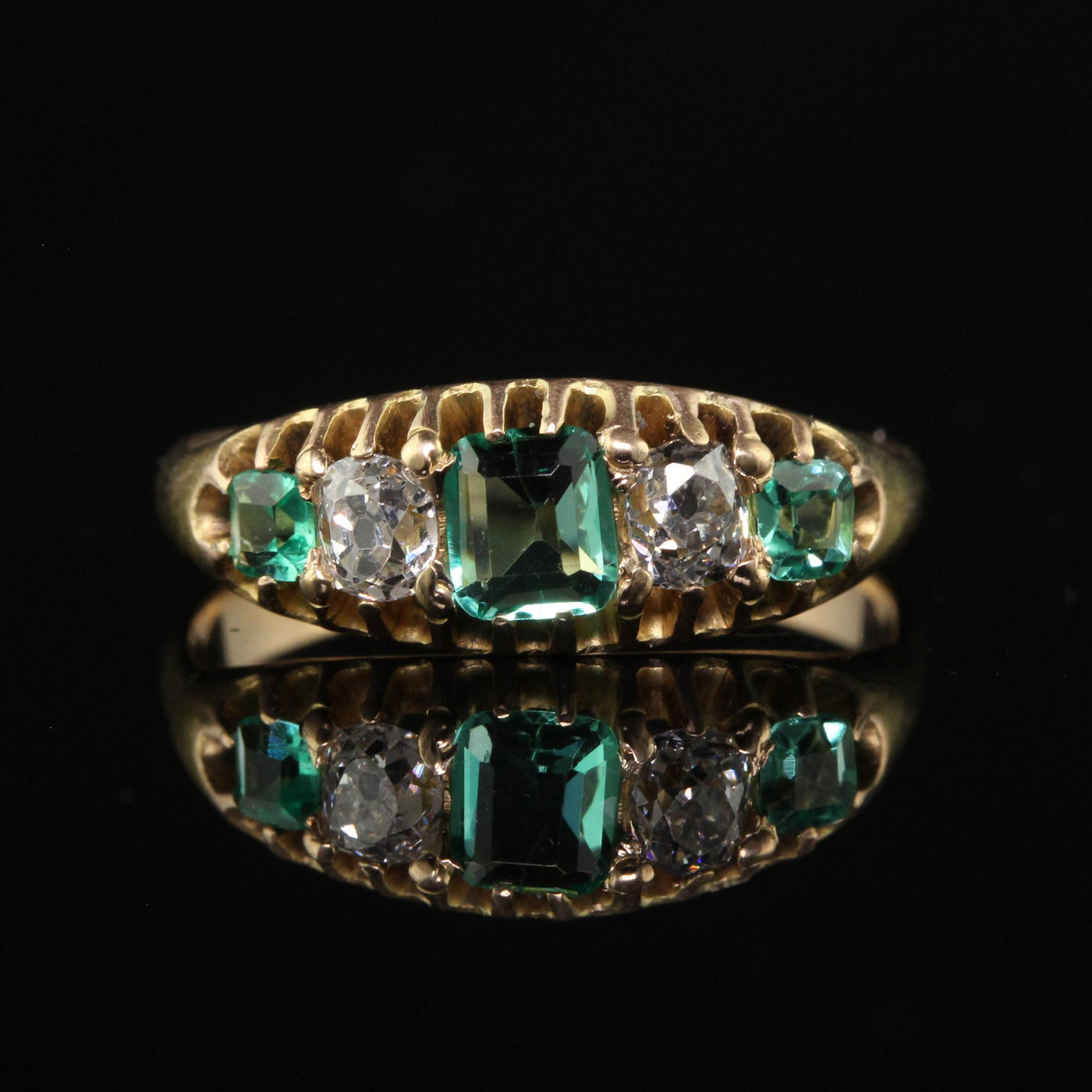 Antique Victorian 14K Yellow Gold Old Mine Diamond and Emerald Five Stone Ring