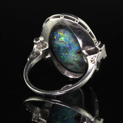 Antique Art Deco Platinum Natural Black Opal and Diamond Statement Ring - GIA