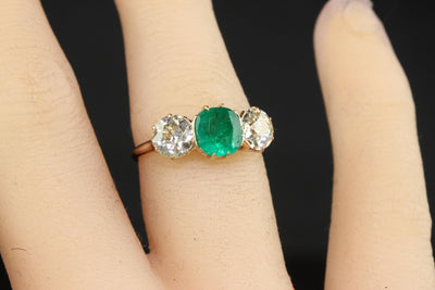 Antique Art Deco 18K Rose Gold Old Euro Diamond Emerald Three Stone Ring - GIA