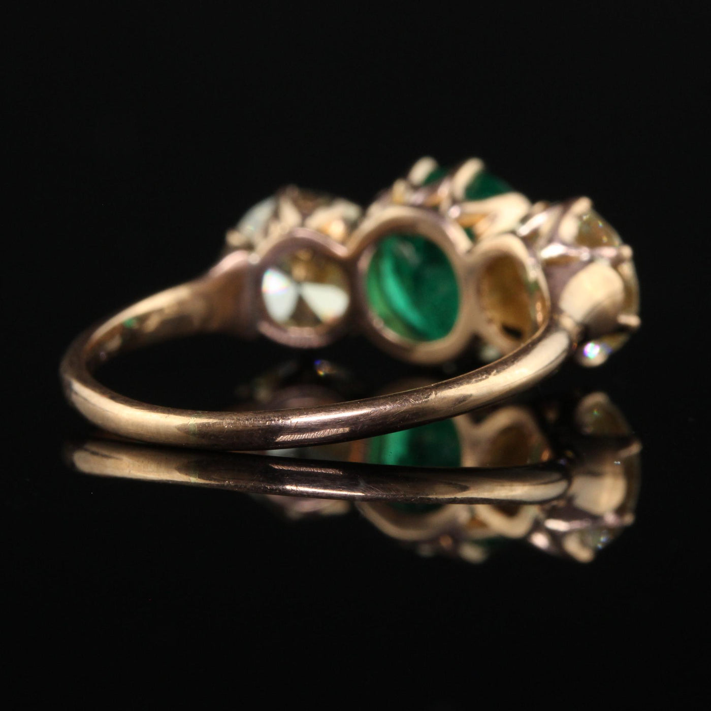 Antique Art Deco 18K Rose Gold Old Euro Diamond Emerald Three Stone Ring - GIA