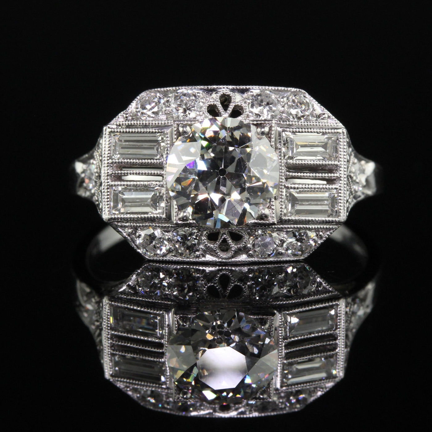Antique Art Deco Platinum Old European Diamond Filigree Engagement Ring - GIA