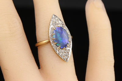 Antique Edwardian 18K Yellow Gold Rose Cut Diamond and Black Opal Navette Ring