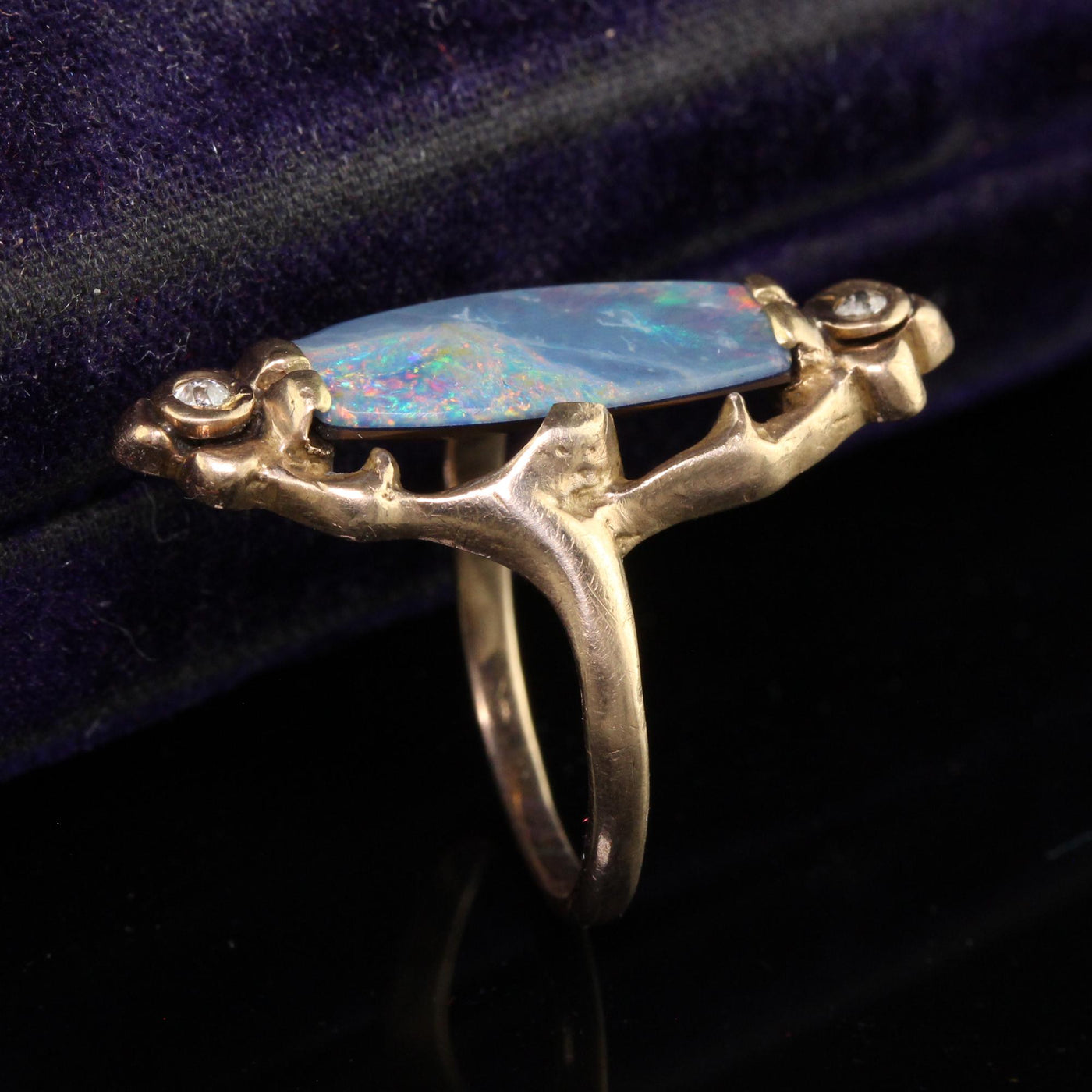 Antique Art Nouveau 10K Rose Gold Boulder Opal and Diamond Floral Ring