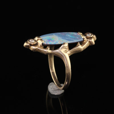 Antique Art Nouveau 10K Rose Gold Boulder Opal and Diamond Floral Ring