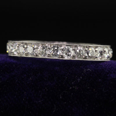 Antique Art Deco Platinum Old Mine Diamond Engraved Eternity Band - Size 7 3/4