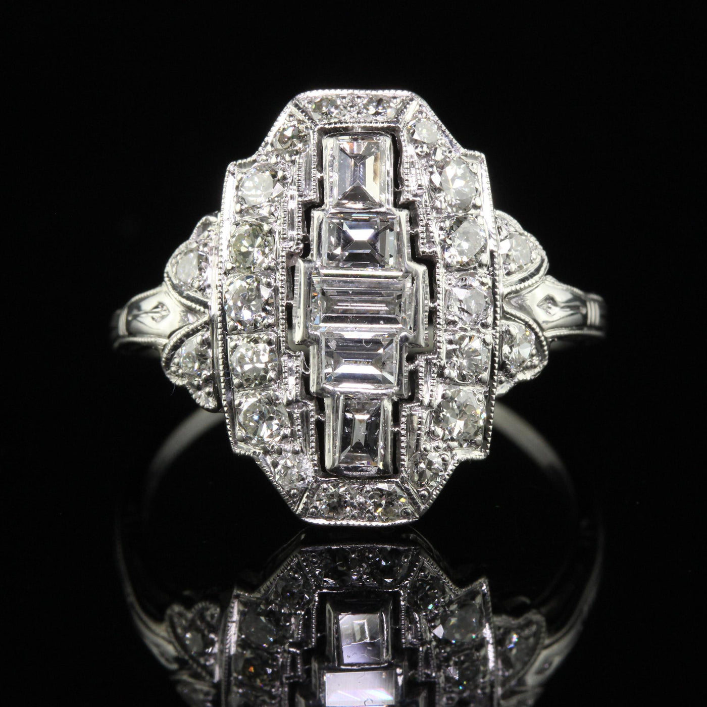 Antique Art Deco Platinum Old Cut Baguette Euro Diamond Shield Ring