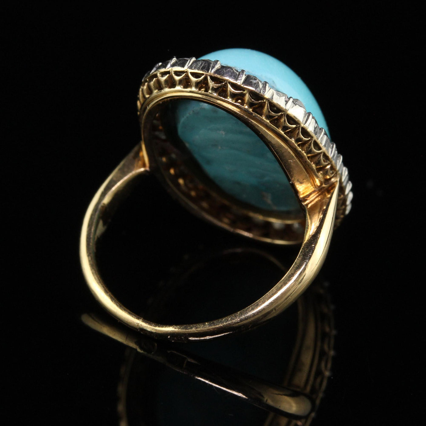 Antique Edwardian French 18K Yellow Gold Rose Cut Diamond Turquoise Ring