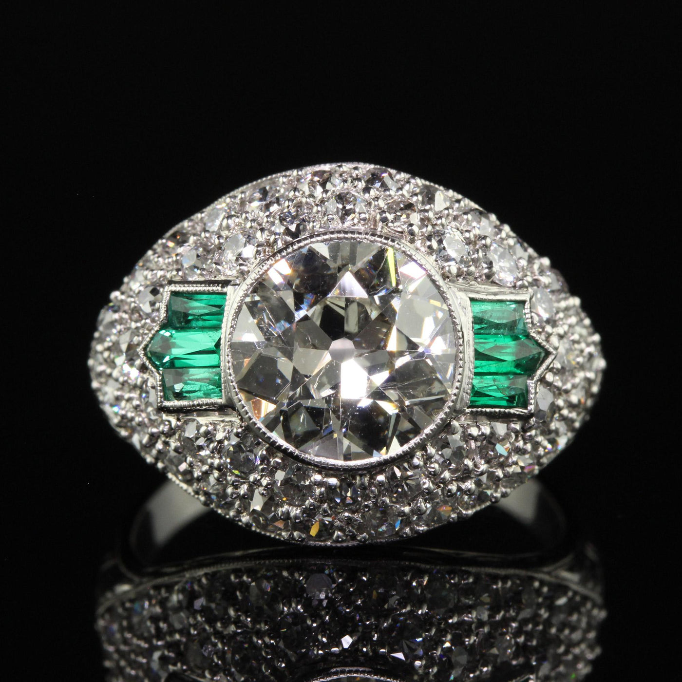 Antique Art Deco Platinum Old European Diamond and Emerald Engagement Ring - GIA