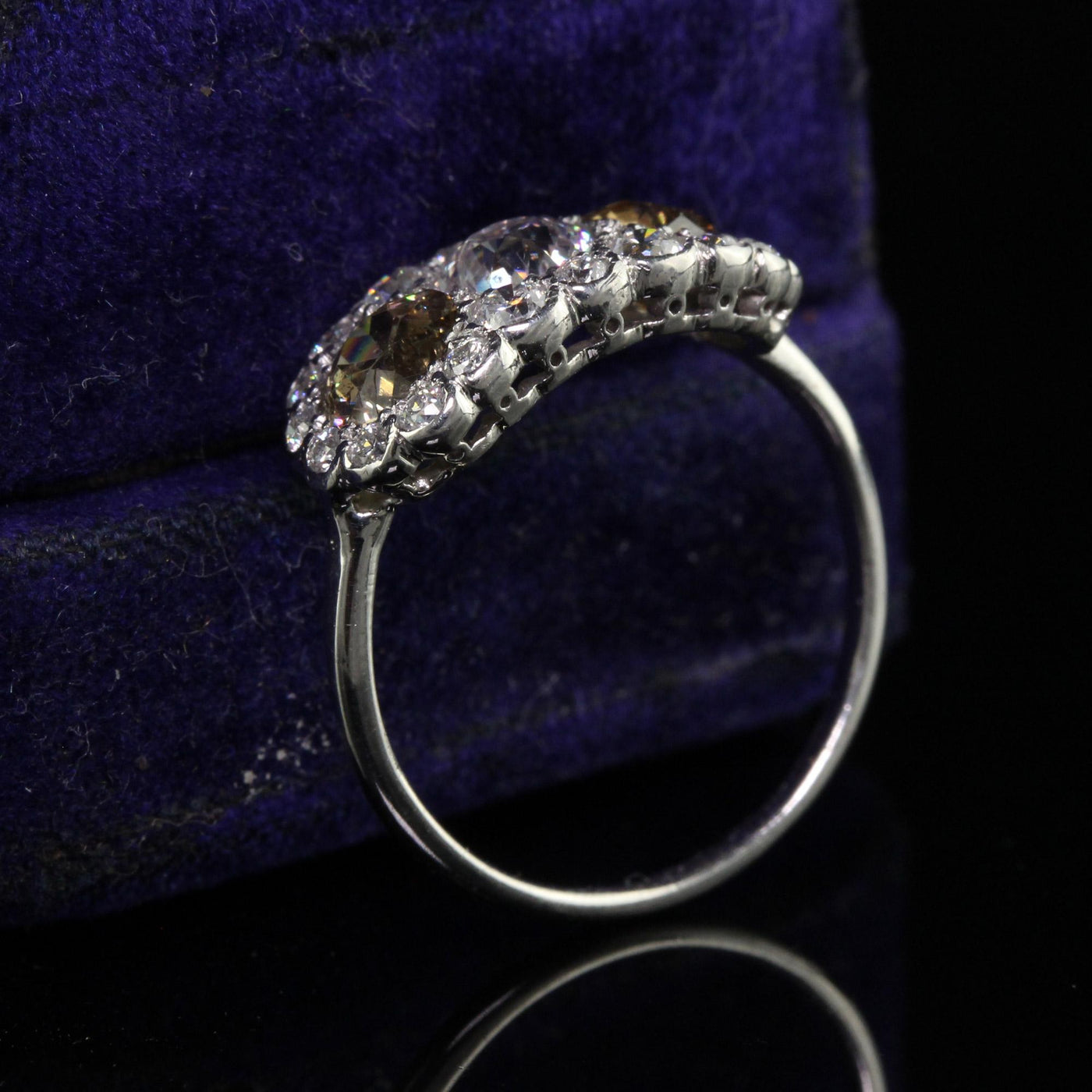 Antique Art Deco Platinum Old Euro Faint Pink Diamond Three Stone Ring - GIA