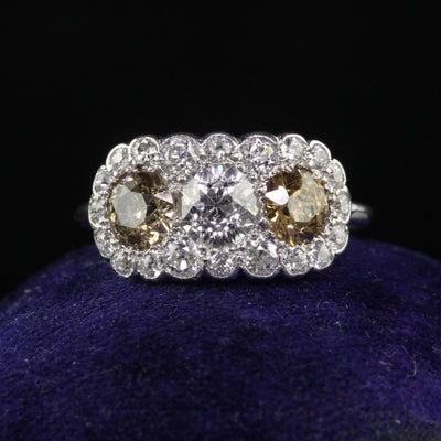 Antique Art Deco Platinum Old Euro Faint Pink Diamond Three Stone Ring - GIA