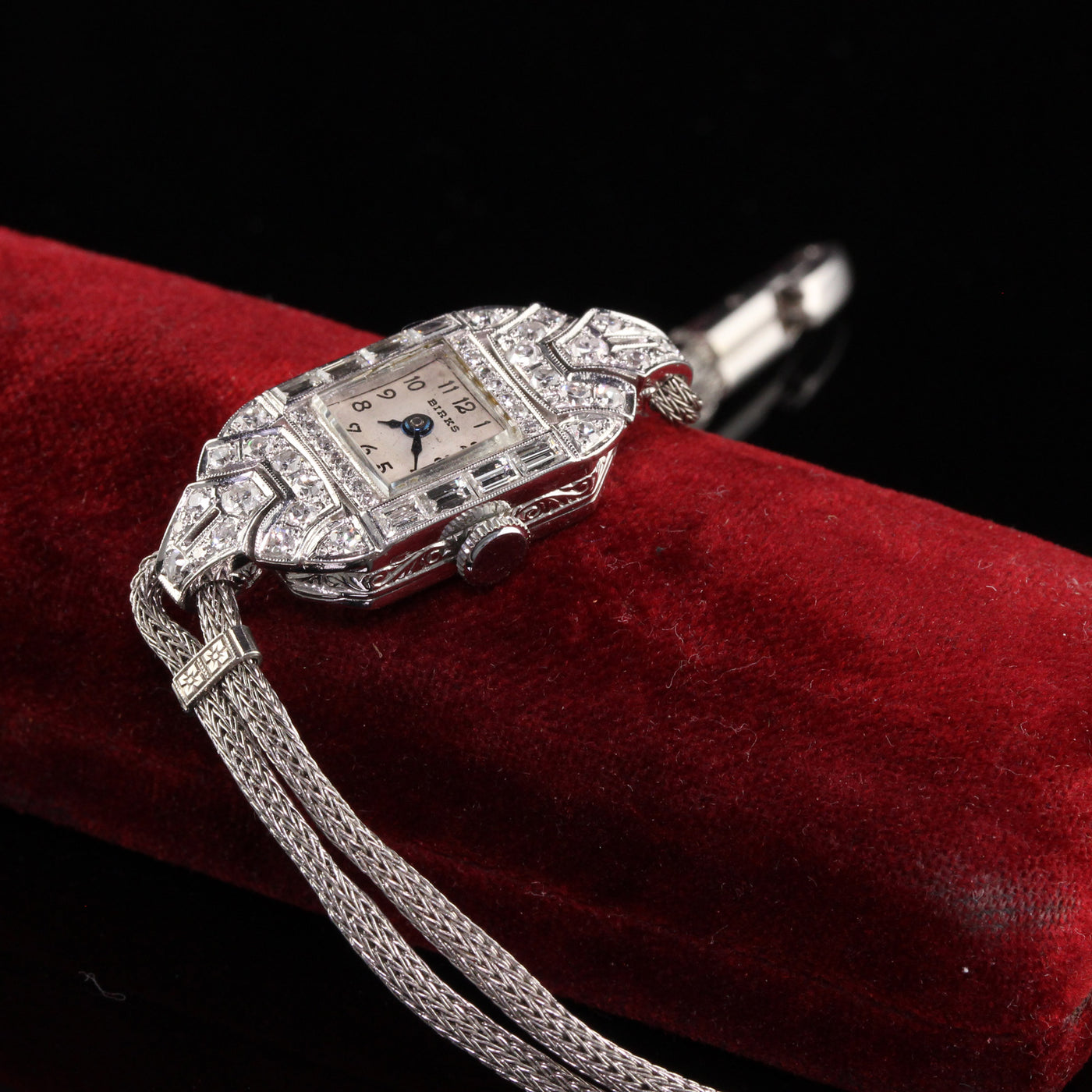 Antique Art Deco Platinum Birks Baguette Diamond Ladies Dress Watch