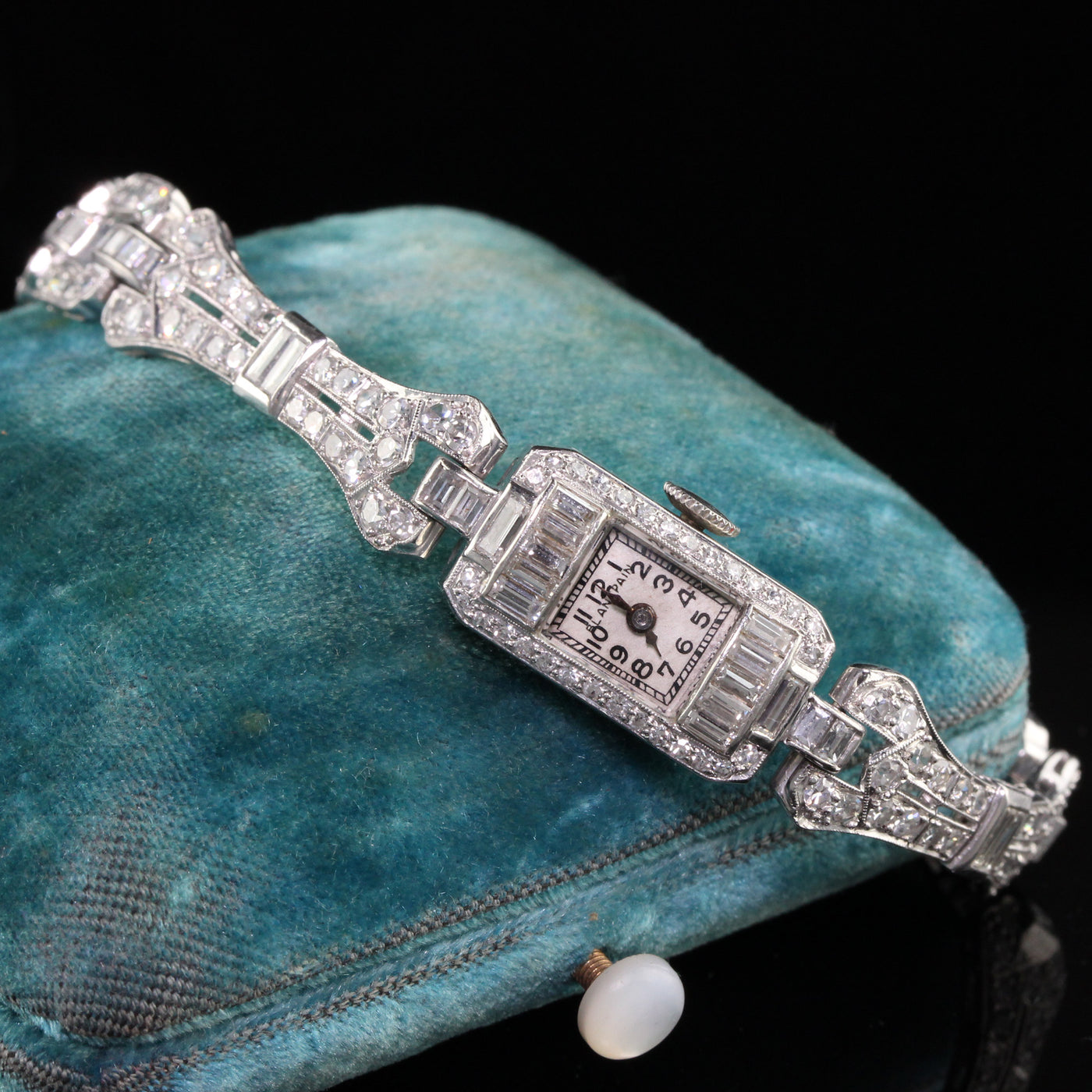 Antique Art Deco Blancpain Platinum Old Cut Diamond Baguette Ladies Dress Watch