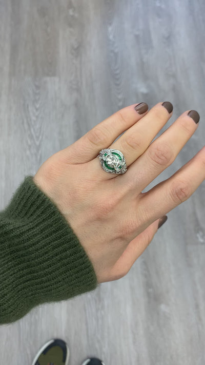Antique Art Deco Platinum Old European Diamond Emerald Engagement Ring - GIA